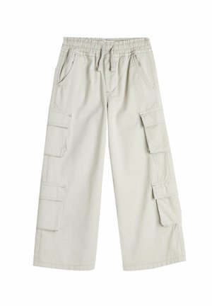 Lysebeige cargobukser med elastisk talje, to sidelommer og tre store cargolommer på siderne. Fremstillet af bomuldsstof.