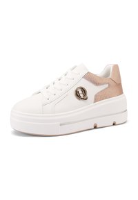 Sneaker platform bianche con tomaia in pelle liscia, accent ricamato beige, logo decorativo e chiusura con lacci tradizionale.