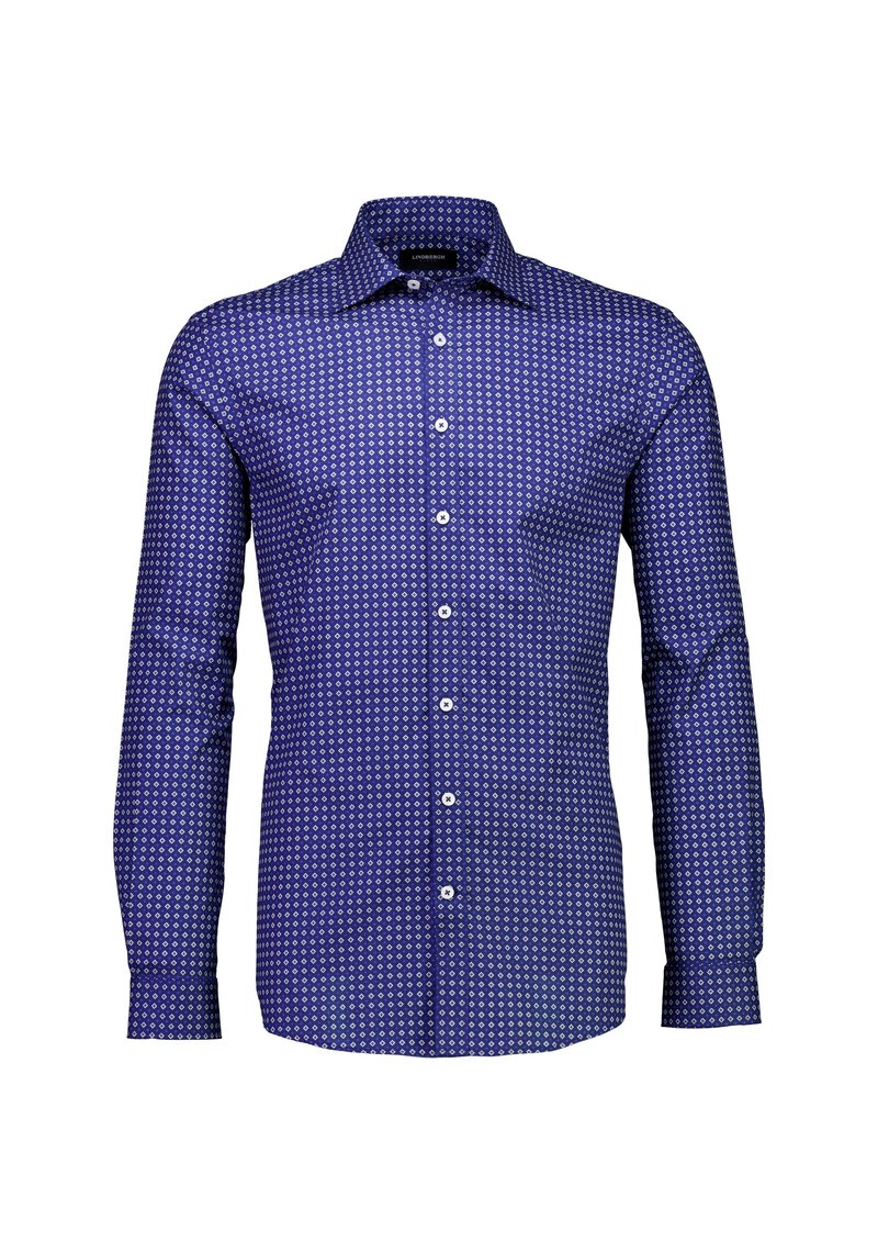 Blauw shirt met lange mouwen met een geometrisch wit patroon, knoopsluiting en een klassieke kraag. Gemaakt van katoenen stof.