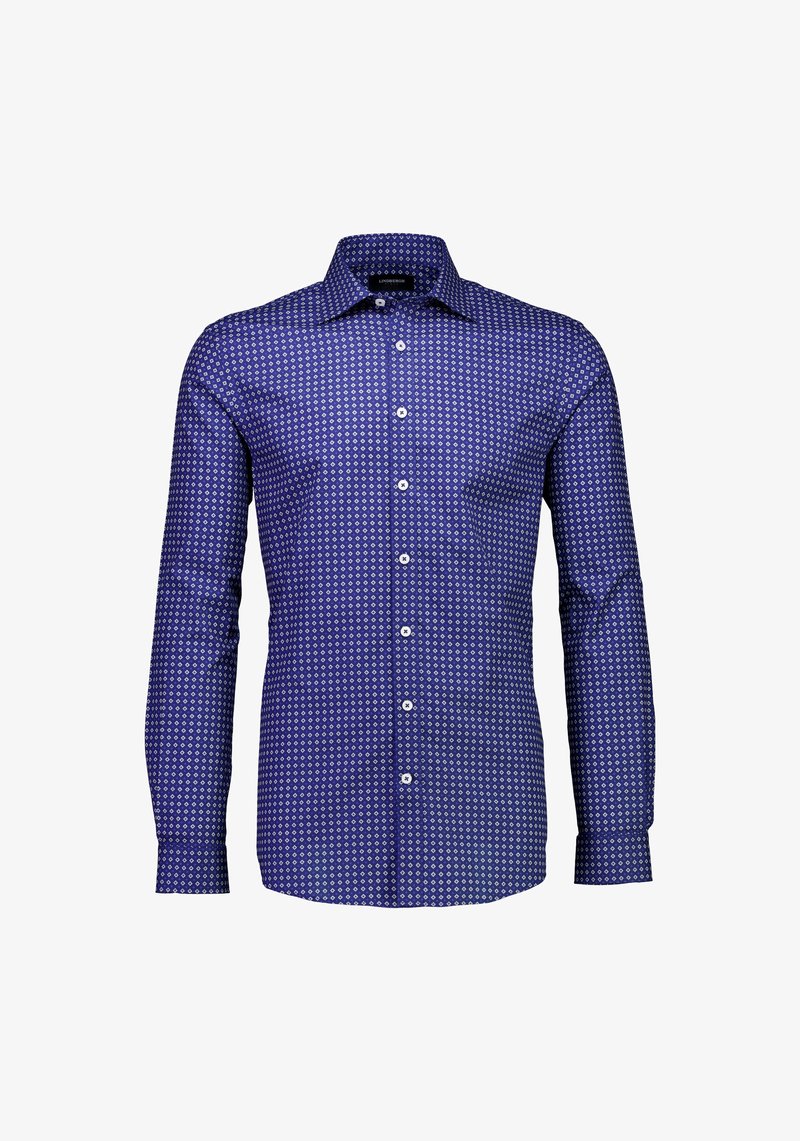 Blauw shirt met lange mouwen met een geometrisch wit patroon, knoopsluiting en een klassieke kraag. Gemaakt van katoenen stof.