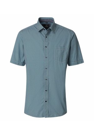 Herre kortærmet skjorte med knapper, i blå og sort lille geometrisk mønster og en brystlomme på venstre side.