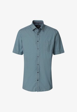 Herrenshirt mit kurzen Ärmeln, Knopfleiste, blau-schwarzem kleinem geometrischem Muster und Brusttasche auf der linken Seite.