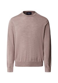 Lichte roze crewneck trui gemaakt van een zachte, gestructureerde stof. Beschikt over lange mouwen en een aantrekkelijke zoom. Minimalistisch ontwerp zonder patronen.