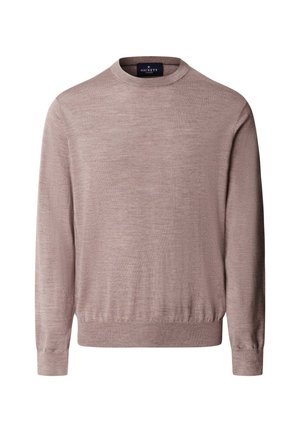 Suéter de cuello redondo en un suave tono rosa claro, fabricado con una tela texturizada. Presenta mangas largas y un dobladillo ajustado. Diseño minimalista sin patrones.