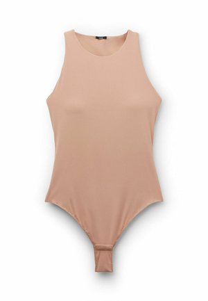 Nackter ärmelloser Bodysuit mit Rundhalsausschnitt, glatter Textur und einer Tanga-Cut-Optik; verfügt über einen Druckknopfverschluss am unteren Ende.