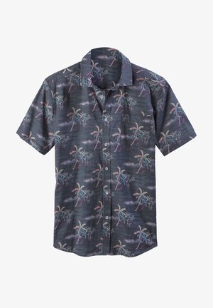 Kurzärmeliges Button-Up-Hemd in Dunkelblau mit einem Palmenmuster in Pastellfarben, ausgestattet mit einem spitzen Kragen und einer Brusttasche.