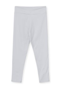 Leggings grigio chiaro con vita alta, texture liscia e gambe affusolate con cuciture laterali per una vestibilità snella.