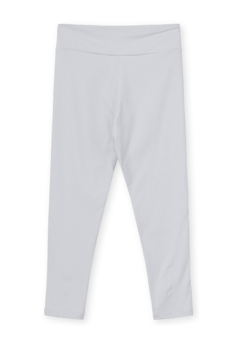 Leggings gris clair avec une taille haute, une texture lisse et des jambes fuselées avec des coutures latérales pour un ajustement épuré.