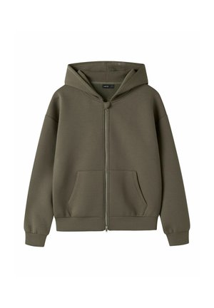 Sweat à capuche zippé vert olive avec poches avant et poignets et ourlet côtelés.