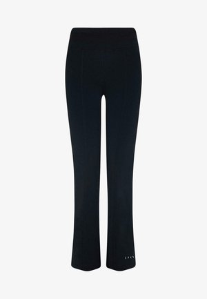 Black athletic pants with a high waistband, flared leg design, and subtle stitching details at the hem. Stretchy material for comfort.