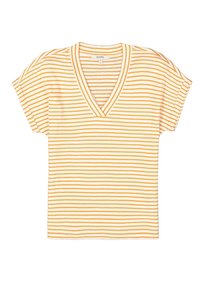 Camiseta de rayas en blanco y amarillo con escote en V, mangas cortas, fabricada en algodón suave, presenta rayas horizontales y un corte relajado.