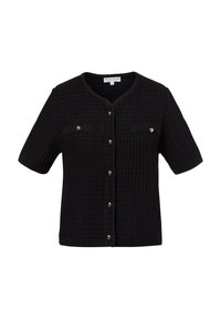 Schwarze kurzärmelige Strickjacke aus strukturiertem Material, mit V-Ausschnitt, goldenen Knöpfen und zwei Brusttaschen mit Klappen.