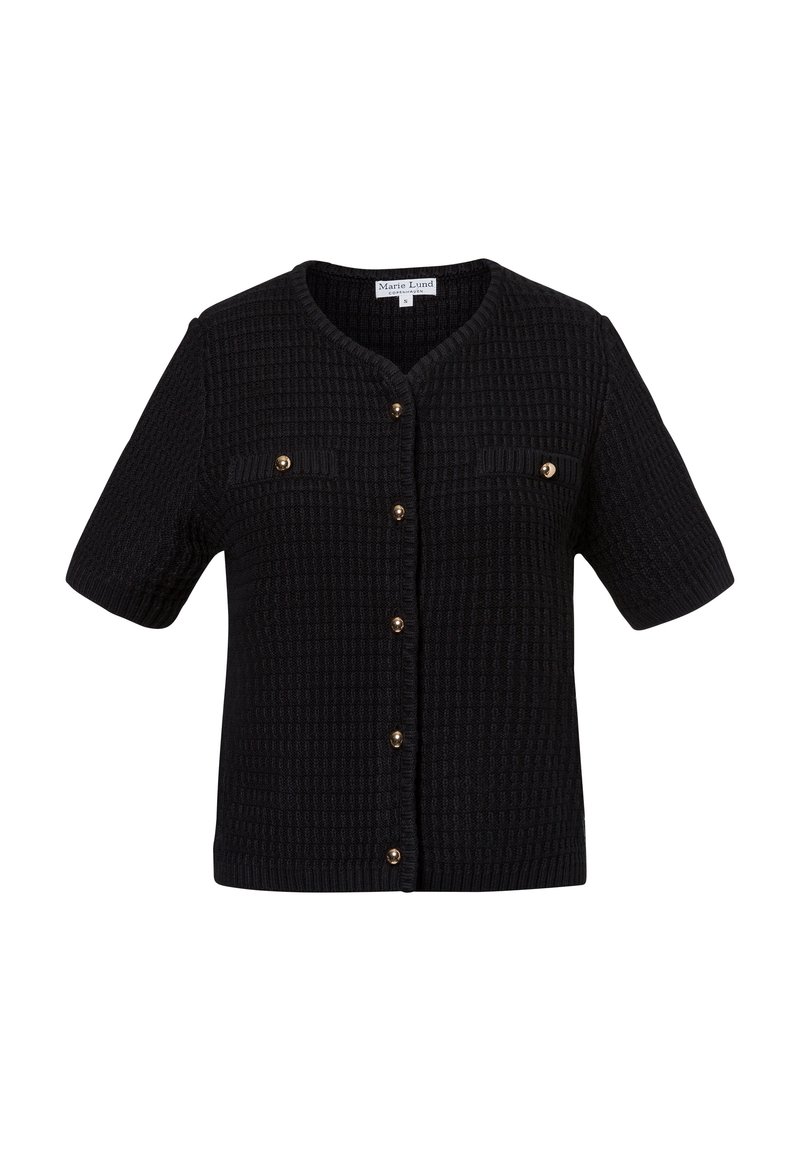 Schwarze kurzärmelige Strickjacke aus strukturiertem Material, mit V-Ausschnitt, goldenen Knöpfen und zwei Brusttaschen mit Klappen.