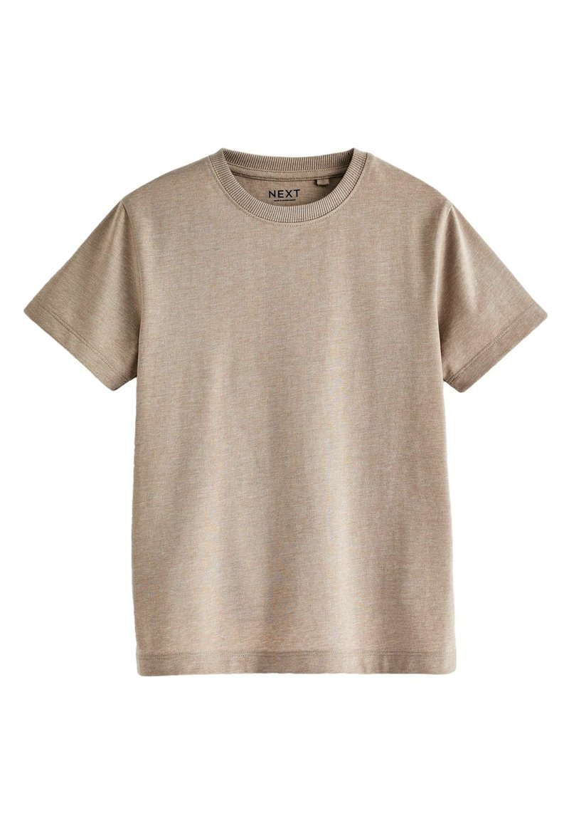 Beige kortärmad T-shirt i mjukt tyg, med rund halsringning och en enkel, slät textur utan mönster eller detaljer.