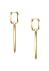 Zelta auskari ar slaidu, iegarenu dizainu. Iezīmē kvadrātveida augšdaļu ar rindu mazu caurspīdīgu dārgakmeņu. Gluda, pulēta virsma.