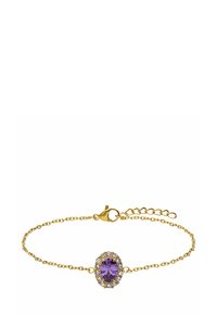 Gouden kettingarmband met een ovale paarse edelsteen omringd door heldere stenen, gezekerd met een karabijnsluiting en een verstelbare ketting.