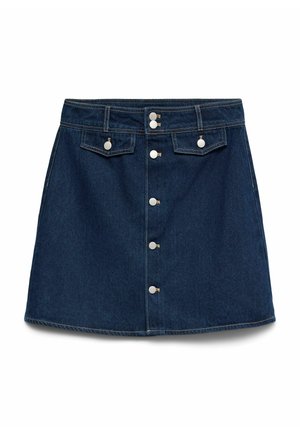 Temno modra jeans krilo s sprednjo zapiralno zaponko na gumbe, dvema sprednjima žepoma s poklopci na gumbe in zankami za pas ob pasu.