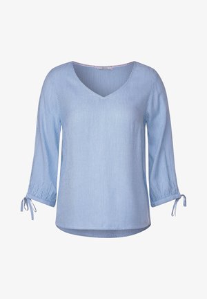 Light blue and white thin striped blouse with 3/4 sleeves, V-neck, and small ties at the sleeve cuffs.
