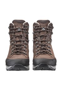 Bruine wandelschoenen met een bovenwerk van suede en leer, metalen oogjes, veters, een gewatteerde kraag en een robuuste zwarte rubberen zool.