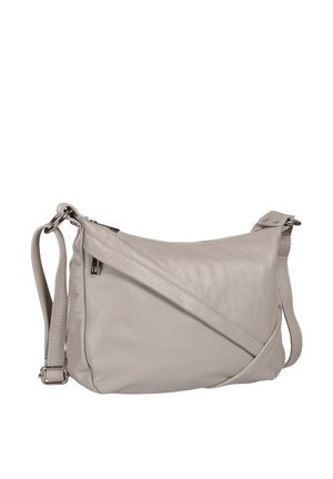 Lichtgrijze leren crossbodytas met verstelbare band en ritssluiting, weergegeven tegen een witte achtergrond.