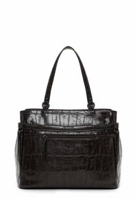 Melnas ādas soma ar krokodila faktūru, divām rokturiem un priekšpusē ar rāvējslēdzēju aiztaisāmu kabatu.