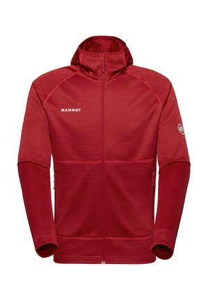 Veste à capuche rouge à fermeture éclair intégrale avec tissu texturé, logo Mammut sur la poitrine et le bras, et poches latérales zippées.