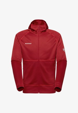 Rode volledig met ritssluiting voorzien hooded jas met gestructureerde stof, Mammut-logo op de borst en arm, en met ritssluiting afsluitbare zijzakken.