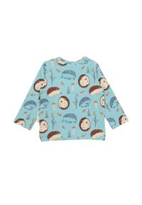 Langärmliges Hemd in Hellblau mit einem sich wiederholenden Muster von Igeln in Braun und Weiß, kleinen Pilzen und Blattformen.