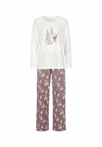 Långärmad vit topp med skogstryck och grafisk hjort. I kombination med vinröda byxor med vitt mönster av hjortar och träd. Blanda av bomull.