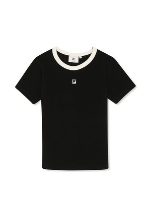Sort T-shirt med korte ærmer, hvid rund halsudskæring og lille hvidt logo centreret på brystet.