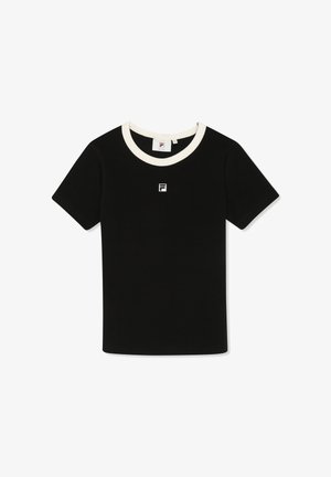Sort T-shirt med korte ærmer, hvid rund halsudskæring og lille hvidt logo centreret på brystet.