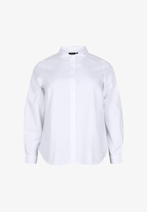 Weißes Hemd aus Baumwolle. Hat lange, fließende Ärmel und einen abgerundeten Saum. Klassisches Button-Down-Design mit glatter Textur.