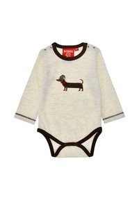 Long-sleeve baby bodysuit in cream with brown trim featuring an embroidered dachshund in a red collar. Snap closures at the shoulder.