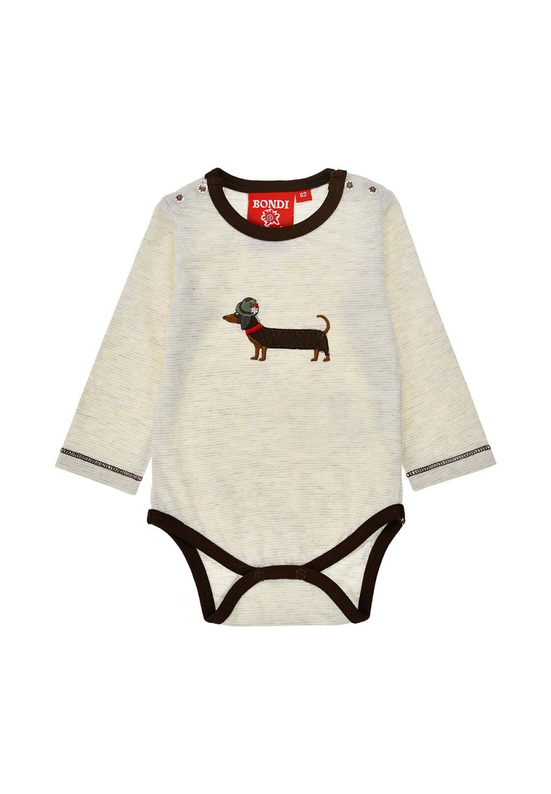Long-sleeve baby bodysuit in cream with brown trim featuring an embroidered dachshund in a red collar. Snap closures at the shoulder.