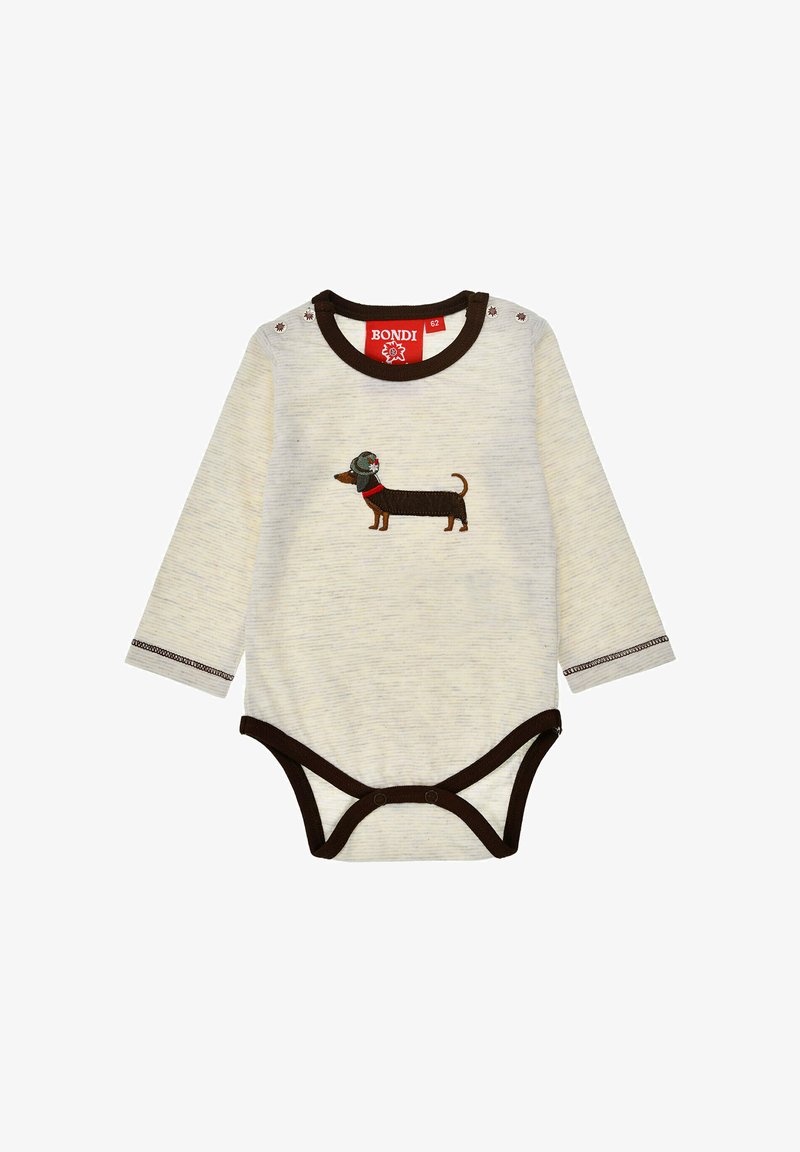 Long-sleeve baby bodysuit in cream with brown trim featuring an embroidered dachshund in a red collar. Snap closures at the shoulder.