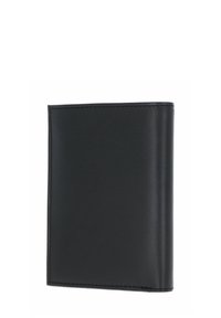 Black leather wallet, bi-fold design with smooth texture, rounded edges, and contrasting stitching detail. No visible branding or patterns.