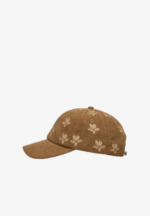 Boné de veludo cotelê castanho com uma coroa arredondada e padrões florais bordados em branco sujo. Apresenta uma aba curva e um botão no topo para um toque de estilo.