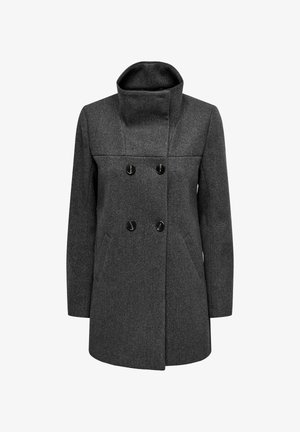 Abrigo de lana gris con cuello alto, diseño de doble botonadura, botones negros y bolsillos laterales. Tejido texturizado con un acabado suave.