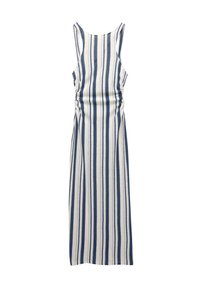 Robe sans manches rayée, avec des rayures verticales bleues et crème, une silhouette ajustée et des détails froncés à la taille.
