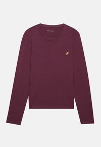 Langermet maroon skjorte i mykt stoff, med rund hals og en liten gul fuglelogo på venstre bryst.