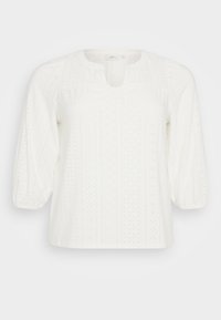 Biała bawełniana bluzka z okrągłym dekoltem, krótkimi bufkami i wzorami z oczkami, prezentującymi pionowe paski i kształty diamentów.