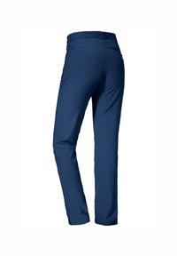 Marineblaue Hose aus einem glatten, elastischen Material. Das Design zeichnet sich durch eine taillierte Taille und schmal zulaufende Beine mit Nahtdetails an den Knien aus.