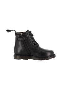 Stivaletto in pelle nera alla caviglia con punta rotonda, lacci frontali, zip laterale e finitura testurizzata. Anello prominente sul retro per un facile accesso.