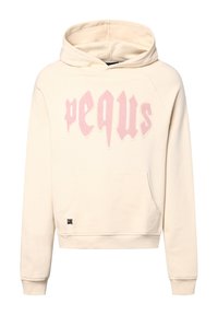 Cremfarbener Hoodie mit einer Fronttasche, versehen mit zart rosa erhabenen Buchstaben und einem strukturierten Stoff. Rippbündchen und Saumdetails.