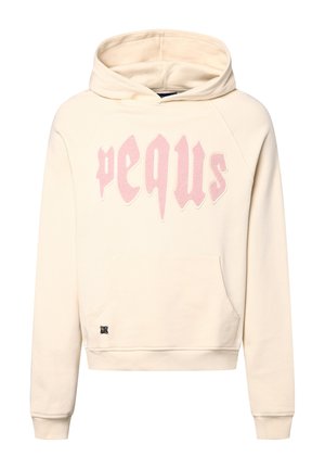 Cream-colored hoodie with a front pocket, featuring soft pink raised lettering and a textured fabric. Ribbed cuffs and hem detail.
