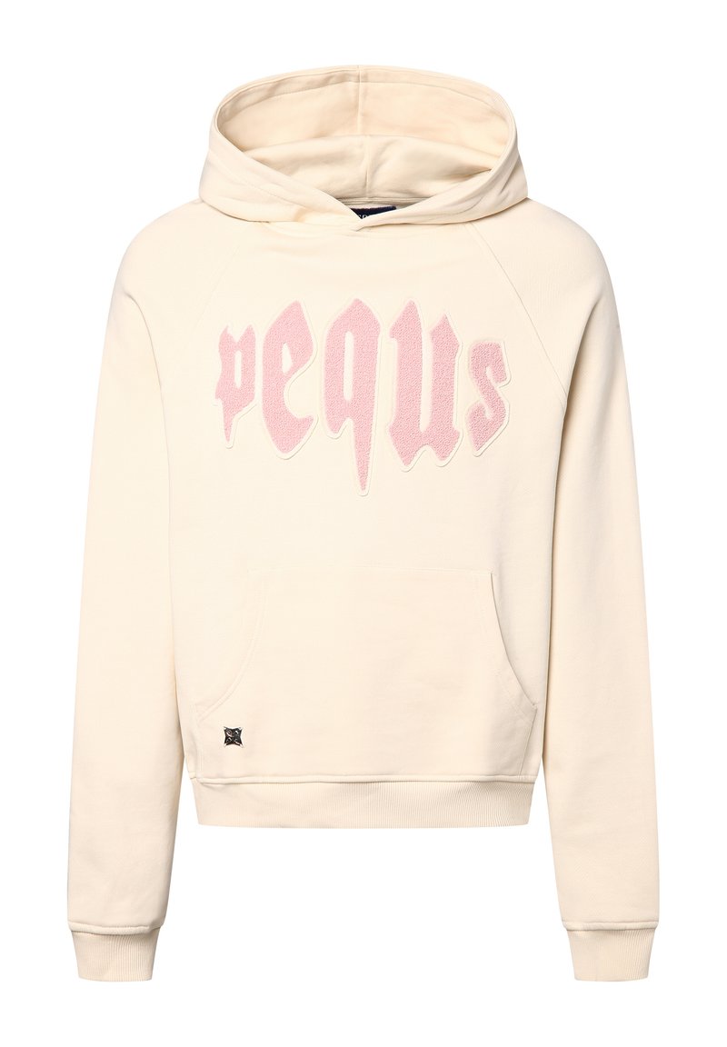 Cremfarbener Hoodie mit einer Fronttasche, versehen mit zart rosa erhabenen Buchstaben und einem strukturierten Stoff. Rippbündchen und Saumdetails.