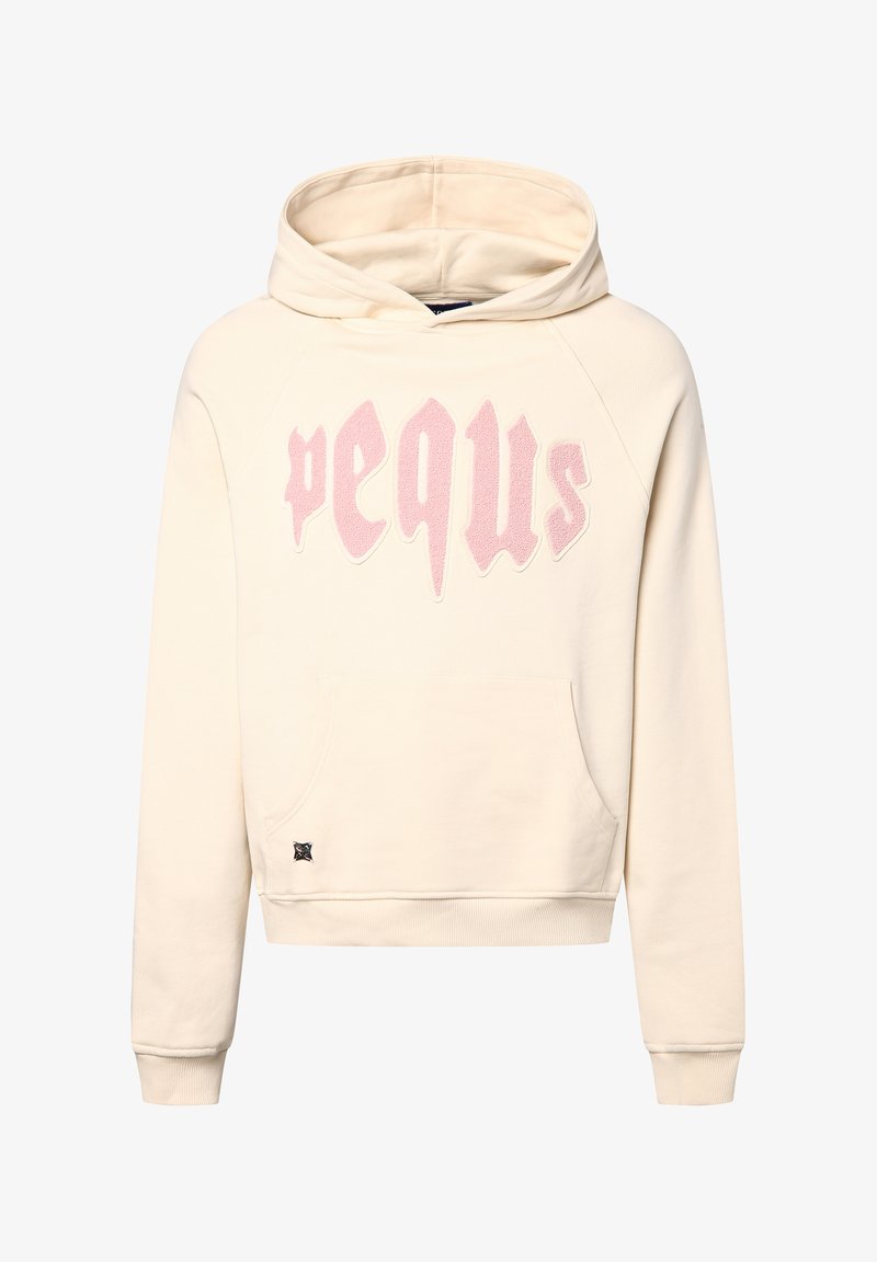Cremfarbener Hoodie mit einer Fronttasche, versehen mit zart rosa erhabenen Buchstaben und einem strukturierten Stoff. Rippbündchen und Saumdetails.