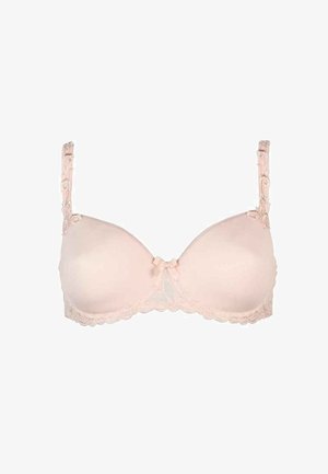 Helles rosa gepolstertes BH mit floralen Spitzenverzierungen am Band und den Trägern. Zentrale Schleifenakzent. Glatte Textur und runde Form.