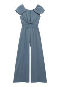 Salopetă albastră, cu umeri goi, cu mâneci scurte și volanate. Dispune de o talie plisată și un design cu picioare largi, fabricată dintr-un material ușor.