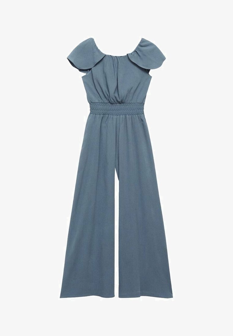 Salopetă albastră, cu umeri goi, cu mâneci scurte și volanate. Dispune de o talie plisată și un design cu picioare largi, fabricată dintr-un material ușor.